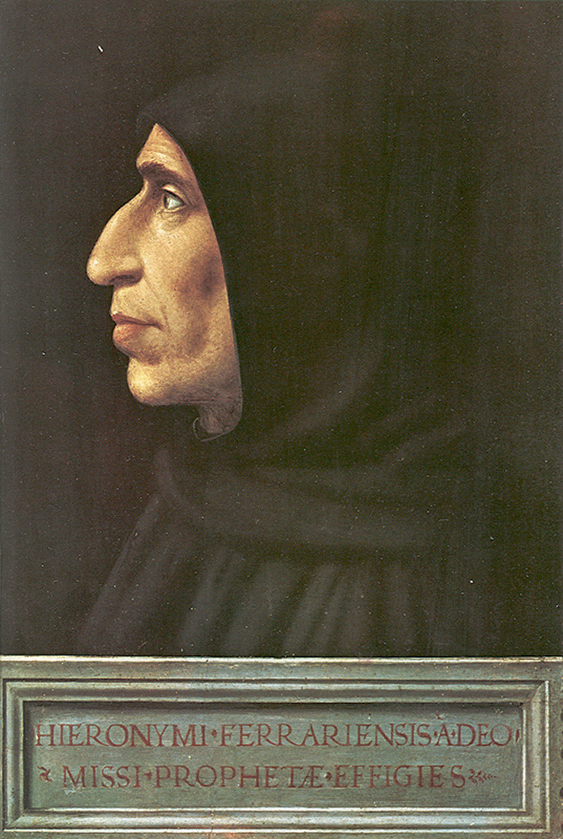 Profilporträt Girolamo Savonarolas im dunklen Dominikanerhabit, gemalt von Fra Bartolomeo um 1498.