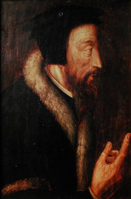 Anonymes Porträt Johannes Calvins aus dem 16. Jahrhundert mit dunkler Kleidung und schwarzer Kappe.