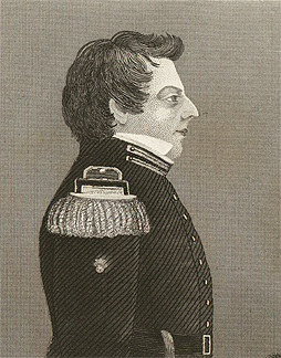 Zeitgenössische Profilansicht Joseph Smiths in der Uniform der Nauvoo Legion, nach einer Zeichnung von Sutcliffe Maudsley aus dem Jahr 1842.