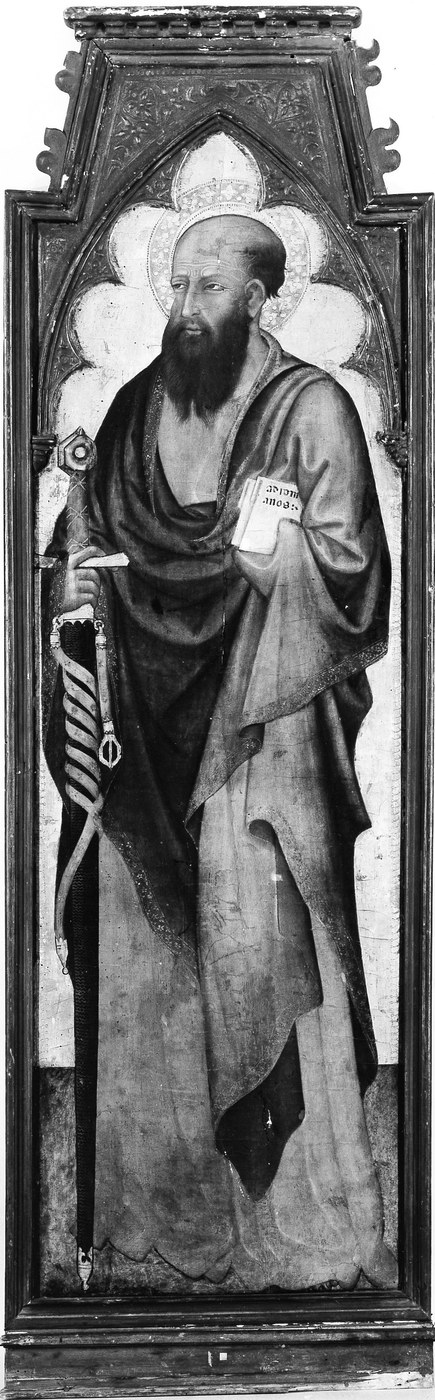 Mittelalterliches Tafelbild des Apostels Paulus mit Schwert und Brief an die Römer vor Goldgrund.